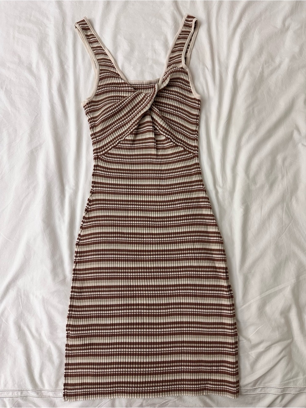 Abercrombie & Fitch Brown and Cream Striped Twist-Front Midi Dress